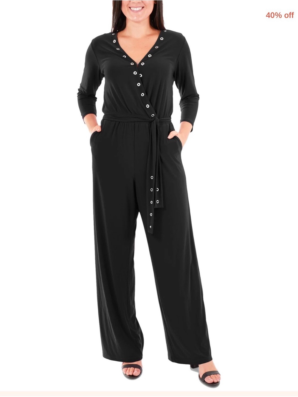 NY Collection Women’s Black V-Neck Jumpsuit with Grommet Detail and Tie Waist